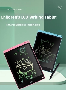 Close-up of pink and blue LCD writing tablets for kids with colorful cartoon cat sketches