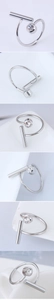 Detailed views of a minimalist silver open ring with a rectangular bar and zircon stone