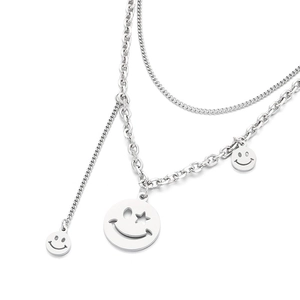 Double-layered 925 silver smiley face and star pendant necklace in vintage hip-hop style