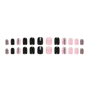 Short black and pink leopard print glitter press-on nails in 24 pieces set