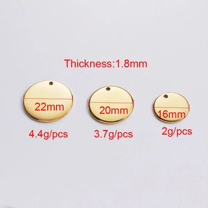 Polished 18k gold plated stainless steel round blank pendants in 16mm, 20mm, and 22mm sizes