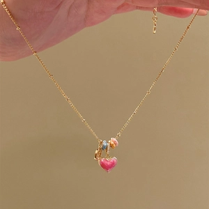 Gold-plated heart necklace with pink pendant and colorful enamel rings for women