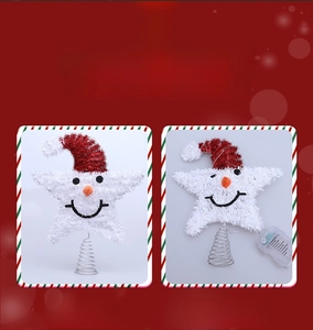 Close-up of lighted snowman Christmas tree topper with red sequin hat and spring base