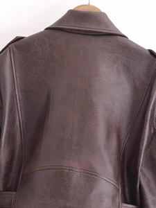 Detailed close-up of brown PU leather jacket back with vintage texture and stitched collar