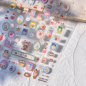 3D relief nail art stickers featuring cute brown bears and desserts with embossed texture
