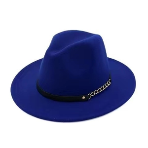 Classic wide brim wool fedora hat in navy blue with elegant gold chain and black belt detail