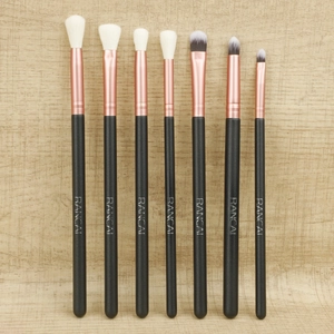 Detailed vertical layout of 7-piece synthetic makeup brush set for eyes and face