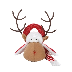 Christmas reindeer plush decoration with red sequins and white fur details on white background