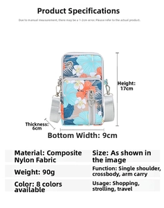 Detail view of floral oxford phone bag showing dimensions 17x9x6cm and nylon material