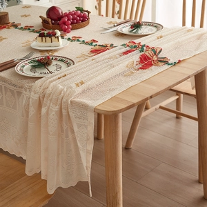 Christmas lace tablecloth and runner set with festive embroidery for dining table