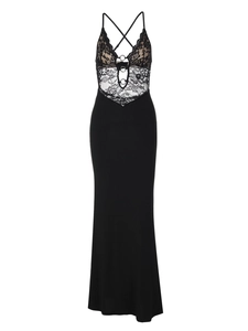 Elegantes schwarzes Spitzen-Patchwork-Kleid mit Metallring und engem langem Rock