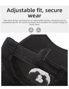 Detail of adjustable velcro strap and breathable mesh fabric on black outdoor baseball cap