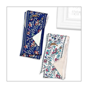Floral 100% silk skinny scarf for hair in blue and white colors with French retro design