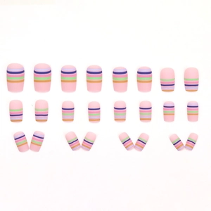 24pcs matte short square press-on nails with colorful rainbow stripes on pink base