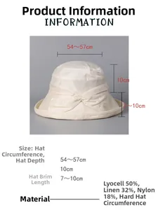 Size chart for Lyocell linen bucket hat showing dimensions for brim and circumference