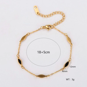 Golden geometric water drop bracelet with black enamel marquise charms, 18+5cm length