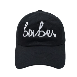 Front view of black baseball cap with white babe embroidery and heart for wedding party