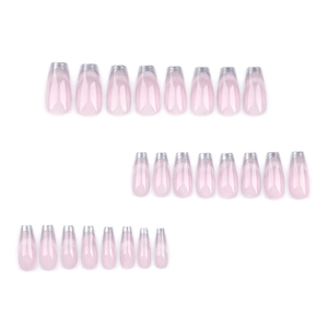 Pink jelly coffin press-on nails with silver glitter French tips, 24 piece nail set