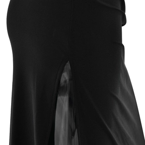 Detailed macro view showing the leg slit design and sheer lining of a black maxi dress