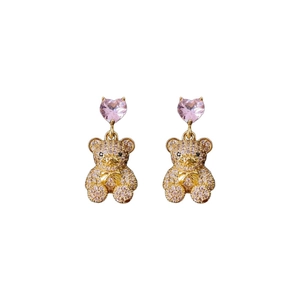 Boucles d'oreilles pendantes avec cœur rose et ours en peluche serti de diamants