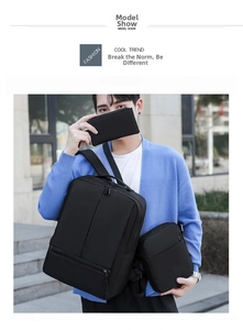 Three-piece black business backpack set with crossbody bag and wallet on city stairs