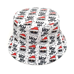 White bucket hat with Santa Claus patterns and HO! HO! HO! text for Christmas