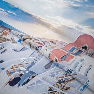 Detail showing the textured polyester fabric and vibrant Santorini digital print pattern