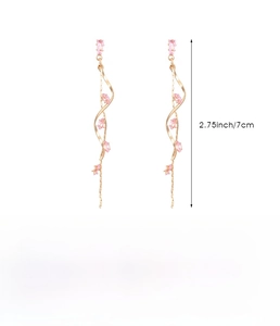 Detailed specs of long gold tassel earrings with pink stones and dimensions in inches