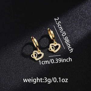Detailed view of double heart hoop earrings with white crystals and dimension markings