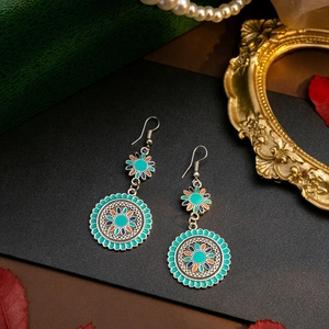 Bohemian mandala flower drop earrings in turquoise and orange enamel with silver alloy
