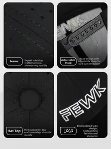 Detail view of the FEWK embroidery, adjustable strap, and stitching on the black flat brim cap
