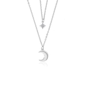 Double-layered S925 silver necklace with star and moon charms on white background