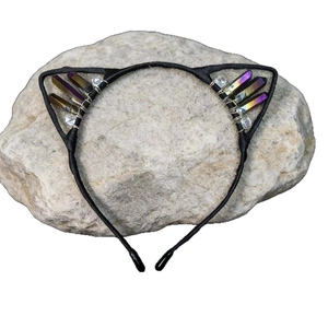 Cat ear headband featuring rainbow crystal points on a minimalist black metal frame