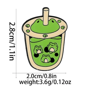 Detailed view of frog bubble tea enamel pin with 2.8cm height and 2.0cm width dimensions