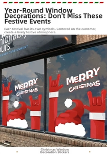 Window display view of festive red Christmas hat stickers with Merry Christmas text decoration