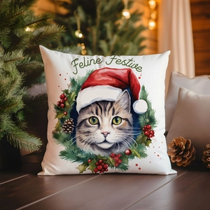 Christmas cat pillow case with Feline Festive print on white fabric near tree