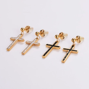 Gold stainless steel cross stud earrings with black and white crystal settings