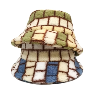 Cozy checkered lamb wool bucket hat for women in green and blue winter style
