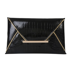 Black crocodile pattern envelope clutch bag with elegant gold metal trim accent