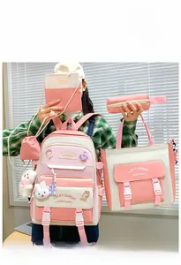 Pink and beige 5-piece school bag set including backpack, tote, crossbody and pouches
