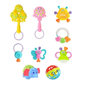 Set of colorful BPA-free baby rattles and sensory teethers in various animal shapes
