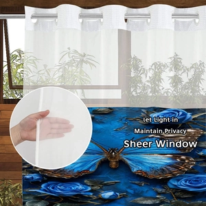 Detail of waterproof butterfly print shower curtain with sheer window for light and privacy