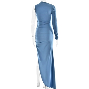 Detail view of the elegant blue one-shoulder dress with ruched waist and side slit detail