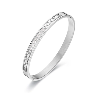 Elegant silver stainless steel bangle with eight white zircons and lattice mesh design