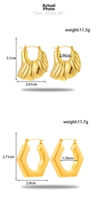 Size chart for golden C-shape threaded and hexagonal earrings with precise dimensions