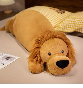 Close-up of the soft plush lion doll with fluffy brown mane and detailed facial features