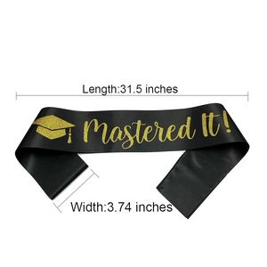 Black satin Mastered It graduation sash with gold glitter text and size dimensions