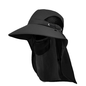 Outdoor sun hat with wide brim, face mask, and neck flap in quick-dry black fabric