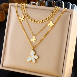 Multi Layer Butterfly Necklace Stainless Steel Gold Plated White Shell Pendant Layered Chain For Women Fashion Accessories