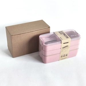 Three-layer pink wheat straw bento box with 900ml capacity and eco-friendly packaging